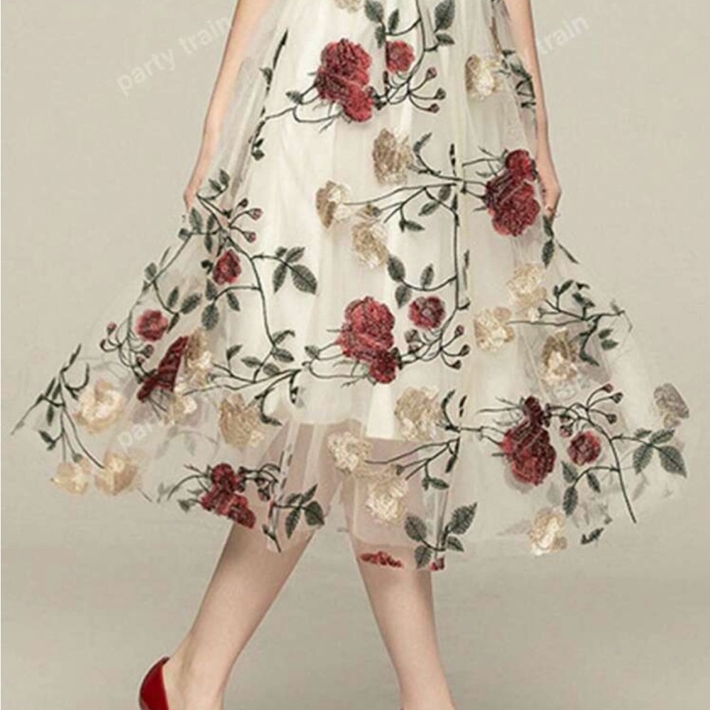 SHEIN Floral Embroidered Midi Skirt - Red and Cream